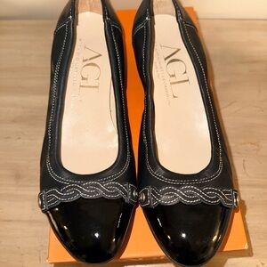 AGL Black Leather & Patent Ballet Wedges with Braided Trim